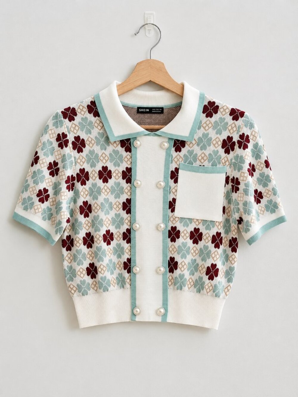 SHEIN Women's Geo Pattern Patch Pocket Button Front Knit Cropped Polo Top S NWOT